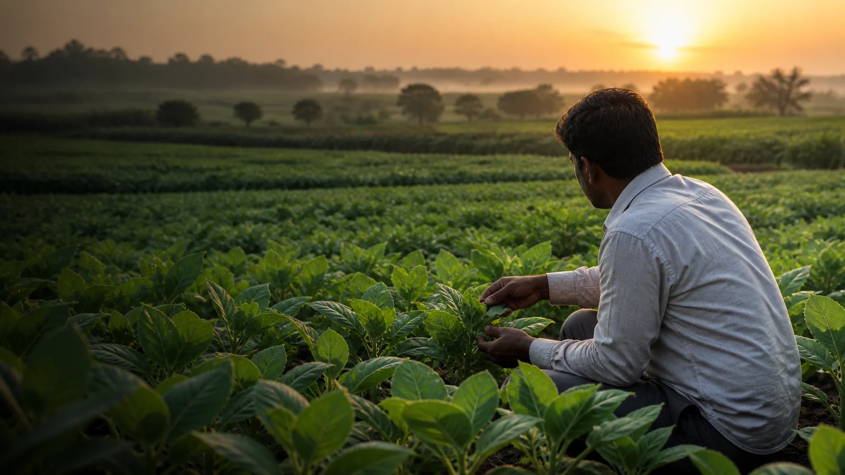 Farmer examining a healthy green crop at sunrise